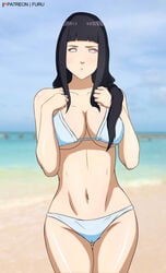 1girls beach bikini blue_hair boruto:_naruto_next_generations female female_only furutaka hyuuga_hinata long_hair naruto open_eyes open_mouth solo standing swimsuit violet_eyes white_bikini