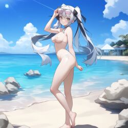 1girls ai_generated ass bare_legs bare_thighs barefoot beach bikini feet long_hair original original_character swimsuit twintails yeyehuh