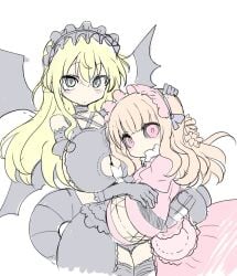 2girls big_breasts black_choker black_clothes black_clothing black_gloves black_legwear black_sclera black_tail black_wings blank_stare blonde_female blonde_hair blonde_hair blonde_hair_female blush blush blush_lines blushing_at_viewer blushing_female breasts choker cleavage cleavage_window clothes clothing colored colored_sketch cool-kyou_shinja doll doll_girl duo embrace eyebrows eyebrows_visible_through_hair eyes eyes_open female female/female female_focus female_humanoid female_only gloves hair hand_between_breasts hand_on_breast hand_on_head handwear headpat hi_res high_resolution highres hourglass_figure hug huge_breasts hugging hugging_another interspecies large_breasts light-skinned light-skinned_female light_skin long_hair looking_at_viewer maid maid_apron maid_headdress maid_outfit maid_uniform maidcubus_(mon-musu_quest!) maidcubus_(monster_girl_quest) mei_(mon-musu_quest!) mei_(monster_girl_quest) mon-musu_quest! monster monster_girl monster_girl_quest mouth_closed mouthless mouthless_female multiple_females multiple_girls no_bra no_visible_genitalia official_art paianne_(mon-musu_quest!) paianne_(monster_girl_quest) paizuri_doll_(mon-musu_quest!) paizuri_doll_(monster_girl_quest) pink_dress pink_eyes pink_headwear pointy_ears short_stack shortstack sketch slim_waist small_but_busty standing succubus succubus_tail succubus_wings tail textless thick_thighs uniform upper_body very_long_hair voluptuous voluptuous_female white_background wide_hips wings yellow_eyes yellow_hair