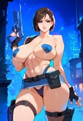 2d ai_generated big_breasts bob_cut brown_hair female female_focus female_only gun holding_weapon jill_valentine night outdoors panties pasties resident_evil resident_evil_3 short_skirt skirt solo solo_female solo_focus straps tagme topless topless_female