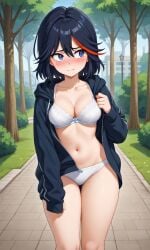 1girls ai_generated black_hair blue_eyes blush embarrassed female female_only flashing hoodie kill_la_kill kslgsnb looking_away matoi_ryuuko medium_breasts midriff navel open_clothes park pixai red_hair shy solo streaked_hair thick_thighs thighs underwear white_bra white_panties white_underwear