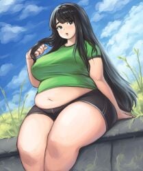 1girls asaragi bbw belly bike_shorts black_hair chubby chubby_female large_breasts overweight_female thick_thighs tight_clothing wide_hips