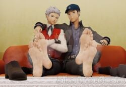 2024 2boys akihiko_sanada arm_around_shoulders artist_name barefoot couch feet foot_fetish foot_focus gray_hair grey_hair human human_only junpei_iori legs_crossed male_feet male_foot_fetish male_only musky_feet musky_shoes persona_3 shoes_removed silvermooncrystal smelly smelly_feet watermark