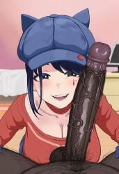 1boy 1boy1girl 1girls ai_generated cap cheating cheating_female cheating_girlfriend cheek_press cleavage cool_mita_(miside) dark-skinned_male fat_male girthy_penis hairy_male indoors interracial large_breasts large_penis long_penis long_sleeves looking_at_viewer male/female miside naughty_face netorare ntr open_mouth penis_on_face pov pov_crotch room skirt straight teeth testicles veiny_penis waroffree