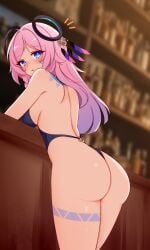 ass ayatori_(aytr) back_tattoo backless_leotard bare_back bare_shoulders black_leotard blue_eyes blurry blurry_background blush citlali_(genshin_impact) cowboy_shot female genshin_impact highres huge_ass leg_tattoo leotard long_hair looking_at_viewer parted_lips pink_hair solo tattoo thighs very_long_hair