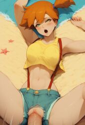 1girls ai_generated beach blush civitai female green_eyes huge_cock kasumi_(pokemon) kasumi_(pokemon) missionary missionary_position moaning open_mouth orange_hair pokemon sex shorts spread_legs suspenders tank_top