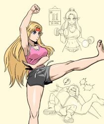 barefoot blonde_hair crop_top dumbbell excercise head_between_thighs headband kicking link link_(ocarina_of_time) long_hair lying_on_stomach musical_note nintendo ponytail princess_zelda restrained shirt shorts speech_bubble tekkin_papa the_legend_of_zelda workout