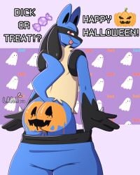 1boy 4:5 absurd_res anthro artist_name ass balls big_butt blue_body blue_fur bottomwear clothed clothing costume dialogue digital_media_(artwork) english_text femboy food fruit fur gay generation_4_pokemon genitals halloween hi_res holidays larabnuy looking_at_viewer lucario male male/male male_only mooning nintendo paint pants partially_clothed plant pokemon pokemon_(species) presenting presenting_hindquarters pumpkin pumpkin_butt simple_background smile solo tail text