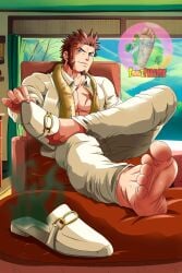 1boy 2024 artist_logo blue_eyes brown_hair chest_scar fate/grand_order feet foot_fetish foot_focus footparadise indoors leg_over_thigh male_feet male_foot_fetish napoleon_bonaparte_\(fate\) one_shoe_on shoes_removed smelly smelly_feet smelly_shoes stink_fumes stinky_feet