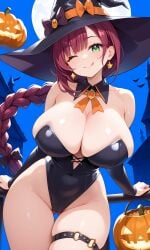 1girls aged_up ai_generated alternate_body_type alternate_breast_size big_breasts breasts chloe_(pokemon) cleavage collarbone female female_focus female_only game_freak green_eyes halloween halloween_costume huge_breasts human large_breasts light-skinned_female light_skin nintendo pokemon pokemon_journeys purple_hair revealing_clothes ryuzam sideboob skimpy skimpy_clothes smile solo upper_body witch witch_costume witch_hat