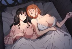 2girls ai_generated areola areola_slip areolae areolae_slip asleep big_breasts blanket blanket_grab cleavage closed_eyes deep_cleavage eyes_open female female_only huge_breasts large_breasts lovers massive_breasts nami nico_robin nightwear nipples_visible_through_clothing on_back on_bed one_piece pajamas self_upload sharing_pillow sleeping sleeping_together sleepover smile smiling_at_partner under_the_covers yeetyboi5000 yuri yuri