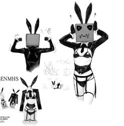 barely_clothed box bra bunny_ears bunny_suit bunnysuit covered_face cuptoast flexing obscured_face panties tie