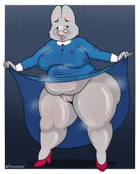 anthro blue_clothing blue_dress bodily_fluids bottomless bottomless_anthro bottomless_female chubby chubby_anthro chubby_female clothed clothing clothing_lift dress dress_lift eyewear female flashing flashing_pussy footwear fur genitals glasses grandma_(max_and_ruby) grey_body grey_fur hi_res high_heels lagomorph leporid lipstick looking_at_viewer makeup mammal navel overweight overweight_anthro overweight_female pussy rabbit shoes signature smile smiling_at_viewer solo sweat sweatdrop thick_thighs trenchgazer wide_hips