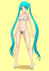 1girls bikini bikini_top blue_eyes blue_hair blue_nails hatsune_miku light-skinned_female looking_at_viewer nude pubic_hair pussy sandals smile smiling smiling_at_viewer striped_bikini tagme twintails