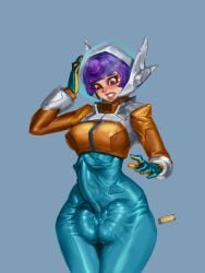 1futa ball_bulge balls bearthing big_breasts blush bodysuit breasts clothed clothing dickgirl erection erection_under_clothes fully_clothed futa_only futanari helmet huge_balls huge_cock human juno_(overwatch) light-skinned_futanari light_skin overwatch overwatch_2 penis purple_hair solo spacesuit standing thick_thighs tight_clothing tight_fit wide_hips worried_expression