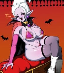 1girls :3 areola_slip areolae bat big_breasts bikini black_nails blue_eyes breasts choker collar core_person costume crossed_legs demon demon_girl dr._arinsu dragon_ball dragon_ball_daima elbow_gloves fangs gold_choker gold_collar half-closed_eyes halloween hands_on_breasts kiwiartsu laugh long_hair looking_at_viewer micro_bikini navel open_mouth painted_nails pink_skin pointy_ears potara_earrings sitting solo thick_thighs thighhighs thighs thong vampire_costume white_hair