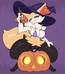 absurd_res anthro bedroom_eyes big_breasts bikini braixen breasts clothing female food fruit generation_6_pokemon genitals hat headgear headwear hi_res holding_object holding_stick inner_ear_fluff jack-o'-lantern looking_at_viewer multicolored_body narrowed_eyes neck_tuft nintendo orange_eyes plant pokemon pokemon_(species) pumpkin pussy seductive sitting smile solo stick swimwear thick_thighs tuft two-piece_swimsuit virito witch_hat