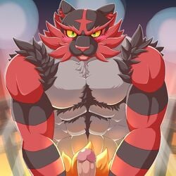 1:1 1boy abs anthro black_fur blush erection eye_contact feline front_view fur fur_tuft glans green_eyes grey_fur hi_res humanoid_penis incineroar inner_ear_fluff looking_at_viewer male male_only multicolored_fur nagisabus nintendo no_nipples orange_fur penis pokémon_(species) pokemon pokemon_sm red_fur solo tuft video_games yellow_sclera