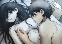 1boy 1girls asian_female bed black_nipples blank_eyes breasts breasts brown_hair completely_nude creepy dark_hair dead_eyes emotionless empty_eyes expressionless female fingers hero_(omori) long_hair male mari_(omori) medium_breasts messy_hair moan moaning naked nipple_play nipples nude nude_female nude_male omori on_bed pale-skinned_female pale_skin pillow rope_marks straight sucking sucking_nipples tired tired_eyes vegasvat wet white_body white_skin