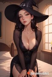 1girls ai_generated arched_back bent_over black_hair blush blushed breasts character_request cleavage clothed dark_hair female female_focus long_hair medium_breasts original original_character sarahvividart seductive seductive_eyes seductive_look seductive_smile shiny_skin solo solo_focus standing witch witch_costume witch_hat