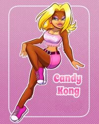 big_breasts blonde_hair blue_eyes candy_kong donkey_kong_(series) fully_clothed furry furry_female looking_at_viewer nintendo pink_shorts posing_for_the_viewer rareware solo