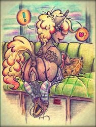 ! 2017 ? anus ass blonde_hair blush bodily_fluids brown_fur clothing dildo equid equine female feral fur genital_fluids green_eyes hair heart hi_res hooves horse legwear looking_back looking_pleasured mammal open_mouth penetration pillow pony pussy pussy_juice sex_toy socks solo traditional_media_(artwork) wings yourfavoritelemonade