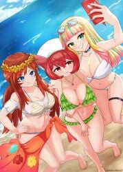 beach bianca_(pokemon_heroes) blonde_hair blue_eyes blush brown_hair cleavage emixxcerberus huge_breasts large_breasts latias long_hair melody_(pokemon) pokemon pokemon_heroes:_latios_and_latias pokemon_the_movie:_the_power_of_us pokemon_the_movie_2000:_the_power_of_one risa_(pokemon) sarong seaside selfie