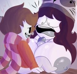 1boy 1girls big_breasts big_penis breasts brown_hair jaiden jaiden_animations larger_female long_hair open_mouth outercourse paizuri penis penis_tip scarf short_hair size_difference smaller_male surprised tongue youtube youtuber