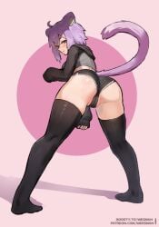 ahoge animal_ear_fluff animal_ears ass black_hoodie black_shorts black_thighhighs blush blush_stickers boosty_username cameltoe cat_ears cat_girl cat_tail cropped_hoodie crossed_bangs dolphin_shorts female from_behind hair_between_eyes highres hololive hood hoodie legs_apart long_sleeves looking_at_viewer looking_back micro_shorts nekomata_okayu no_shoes partially_visible_vulva patreon_username pink_background purple_eyes purple_hair shadow shiny_skin short_hair shorts sleeves_past_fingers sleeves_past_wrists solo standing tail thighhighs web_address wersman