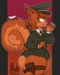 ak-47 anthro big_ass bulge_through_clothing catboyz cigarette communism detailed_bulge femboy german_democratic_republic german_flag holding_cigarette komissar_karl mascara military_uniform