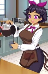 1girls black_hair coffee coffee_mug crush_crush female female_focus female_only game_cg lotus_(crush_crush) nutaku purple_eyes sad_panda_studios safe sfw solo solo_female solo_focus tight_clothing tight_pants