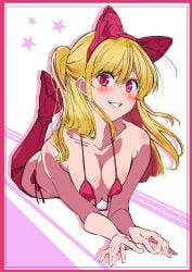 1girls arm_support bikini bikini_bottom bikini_top blonde_eyebrows blonde_female blonde_hair blonde_hair blonde_hair_female blush blush_face blushing_at_viewer blushing_female coriponz female footwear halterneck high_heels high_school_student hoshino_ruby idol lying lying_down lying_on_breasts lying_on_stomach medium_breasts oshi_no_ko pink_eyes pink_eyes_female ponytail school_girl shoes side_ponytail smile smiley_face smiling smiling_at_viewer star-shaped_pupils star_eyes string_bikini swimsuit swimwear teen_girl teenage_girl teenager yellow_eyebrows yellow_hair yellow_hair_female young_female young_woman