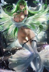 1girls armwear breasts c.c. casual clothing code_geass female female_focus female_only green_hair highres holding_breast holding_breasts human knees_together_feet_apart large_breasts legwear long_hair looking_at_viewer nipples pale_skin pussy sakimichan thigh_gap