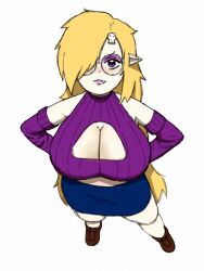 1girls blonde_female blonde_hair boob_window breasts circular_glasses cleavage cleavage_cutout detached_sleeves eye_shadow eyeshadow female female_only from_above glasses hair_ornament hair_over_eye hair_over_one_eye hands_on_hips hands_on_own_hips huge_breasts large_breasts legionnart looking_at_viewer looking_up_at_viewer midriff oerba_yun_fang one_eye_obstructed pale-skinned_female pale_skin pointed_ears pointy_ears purple_eyes purple_eyeshadow purple_sweater ribbed_sweater round_glasses shoes simple_background skirt skull_hair_ornament solo solo_female white_background