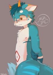 anthro bashful blush chimera embarrassed fur hi_res horn kantos_(xxl_woofia) male navel nipples nude sharparadise slim solo teal_body teal_fur xxl_woofia