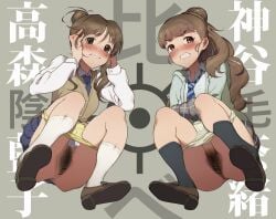 2girls amatsu_amaguri bar_censor black_socks blue_necktie blue_skirt blunt_bangs blush brown_cardigan brown_eyes brown_hair brown_shoes cardigan censored choppy_bangs clenched_teeth collared_shirt commentary_request crotch_seam diagonal-striped_clothes diagonal-striped_necktie embarrassed female_pubic_hair forced_exposure from_below full_body green_cardigan grey_background grey_panties grey_skirt grimace hair_bun hair_over_shoulder hands_on_own_face hands_up highres humiliation idolmaster idolmaster_cinderella_girls kamiya_nao loafers long_hair long_sidelocks long_sleeves looking_at_viewer multiple_girls necktie nose_blush open_cardigan open_clothes panties panty_pull panty_tag plaid_clothes plaid_skirt pleated_skirt ponytail ponytail_with_braided_base pubic_hair pussy raised_inner_eyebrows ribbed_socks shirt shoes sidelocks skirt socks squatting striped_clothes takamori_aiko tearing_up teeth text_background translation_request underwear v-shaped_eyebrows wavy_hair white_shirt white_socks yellow_panties