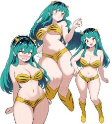 :d angry bare_arms bare_legs blush clenched_teeth female green_hair hand_on_own_hip highres ishinabe_art long_hair lum multiple_views pointy_ears smile solo teeth thick_thighs thighs urusei_yatsura