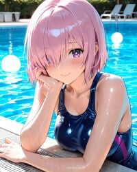 2025 blue_swimsuit instagram looking_at_viewer mash_kyrielight meta one_eye_covered one_eye_visible pink_hair_female pool_background purple_eyes_female school_swimsuit smile_at_viewer smiling_at_viewer ten02e wet_body wet_skin wet_swimsuit