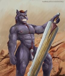 abs animal_genitalia anthro balls blue_eyes brown_hair canid canine cheek_tuft facial_tuft fangs front_view fully_sheathed genitals glistening glistening_eyes grey_body grin hair hi_res holding_melee_weapon holding_object holding_sword holding_weapon looking_at_viewer male male_anthro mammal melee_weapon muscular muscular_anthro muscular_male narrowed_eyes navel pecs pubes satanic_monkey sheath short_hair smile solo standing sword teeth tuft vein veiny_muscles weapon white_balls white_sheath
