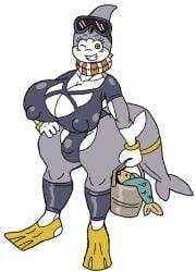 1futa 2-ban_(artist) 2d anthro ass balls big_ass big_balls big_breasts big_penis breasts bucket diving_mask dolphin dolphin_tail flippers futanari intersex nipples_visible_through_clothing oc penis tagme winking_at_viewer