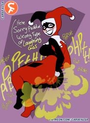 1girls ass batman_(series) big_ass carafalsa dc dc_comics fart fart_cloud fart_fetish farting female harley_quinn harley_quinn_(classic) solo_female