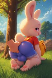 ai_generated ass_focus ass_grab big_ass big_butt bunny butt_focus butt_grab clothing cub furry innocent looking_at_viewer male outside seductive seductive_look solo white_fur young