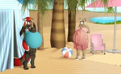 ailurid anthro areola areola_slip beach belly big_belly big_breasts black_body black_claws black_fur blonde_hair blue_clothing blue_eyes breasts brown_body brown_fur canid canine canis claws clothed clothing domestic_dog duo female fur huge_belly mammal milk-jug multicolored_hair navel nipples open_mouth outside palm_tree pink_clothing plant pregnant pregnant_anthro pregnant_female red_body red_fur red_hair red_panda standing translucent translucent_clothing tree two_tone_hair