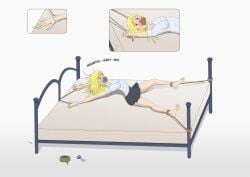 1girls asphyxiation blonde_hair bondage breath_play female gagged manacles rope_bondage skirt tape tape_gag tied_to_bed