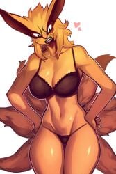 anthro anthrofied big_breasts biped black_lips bra breasts canid canine clothing fangs female female_kurama_(naruto) fox fur furrowed_brow hands_on_hips heart hi_res jijis-waifus kurama lingerie lips looking_at_self looking_down mammal mtf_crossgender multi_tail narrowed_eyes naruto open_mouth orange_body orange_fur rule_63 simple_background solo standing tail tailed_beast teeth thick_lips thick_thighs thong underwear white_background