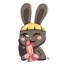 1:1 animal_crossing anthro blonde_hair blush bonbon_(animal_crossing) disembodied_penis duo erection female fur hair lagomorph leporid licking male mammal nintendo nude one_eye_closed open_mouth oral penile penis penis_lick rabbit sex simple_background solo_focus steecks steeckykees straight tongue tongue_out video_games