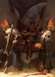 abs absurdres armor axe balls battle_axe big_breasts big_cock big_penis black_hair boots braid braided_hair braided_ponytail brazier breasts brown_eyes cock dark-skinned_futa dark_skin earrings fur_trim futanari gara'ha greaves highres indoors intersex jewelry large_penis leaning_back loincloth long_braid long_hair looking_at_viewer lyna-zf lynazf melee_weapon muscular muscular_futa orc orc_(warcraft) orc_futa penis pointy_ears ponytail shoulder_tattoo sitting sitting_on_throne skull smile spread_legs tattoo testicles thick_thighs thighs throne throne_room tusks undercut veins veiny_penis warcraft weapon world_of_warcraft