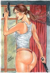 1girls 2018 anilton_freires ass big_ass big_breasts blue_eyes breasts brown_hair curtains dat_ass dated dual_wielding ed_benes_studio female female_ass female_only from_behind gun guns human image_comics lara_croft lara_croft_(survivor) long_hair no_bra panties pink_panties pink_thong pinup ponytail shirt signature solo thick_ass thick_thighs thighs thong tomb_raider tomb_raider_(survivor) top_cow white_shirt window