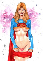 1girls 2018 argoan belly_button big_breasts blonde_hair blue_eyes blue_topwear breasts busty cape curvaceous curvy dated dc dc_comics ed_benes_studio eyeshadow female female_only fingerless_arm_sleeves kara_zor-el kryptonian lanio_sena large_breasts long_hair makeup mascara midriff navel panties pink_panties pink_thong pinup red_cape red_lips red_lipstick red_skirt signature skirt skirt_down solo standing stomach stripping supergirl superheroine superman_(series) thong underboob voluptuous