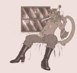 anthro bodily_fluids boots breasts closed_eyes clothed clothing container cum cumshot cup drinking_glass ejaculation eyelashes felid footwear futa_anthro futanari genital_fluids genitals glass glass_container glass_cup hair hi_res holding_container holding_cup holding_drinking_glass holding_object holding_wine_glass humanoid_genitalia humanoid_penis intersex intersex_anthro lion long_hair mammal masturbation monochrome nipples open_bottomwear open_clothing pantherine penile penile_masturbation penis seraphictiger shoes sitting solo topless wine_glass